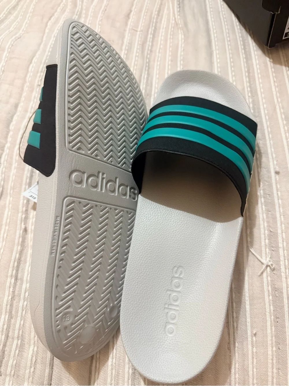 Adidas White Slides with Black and Teal Stripes